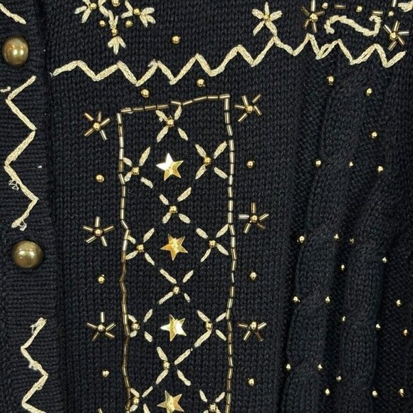 All Points by Reference Point Women's Black Gold embroidered beaded cardigan L - Picture 3 of 12